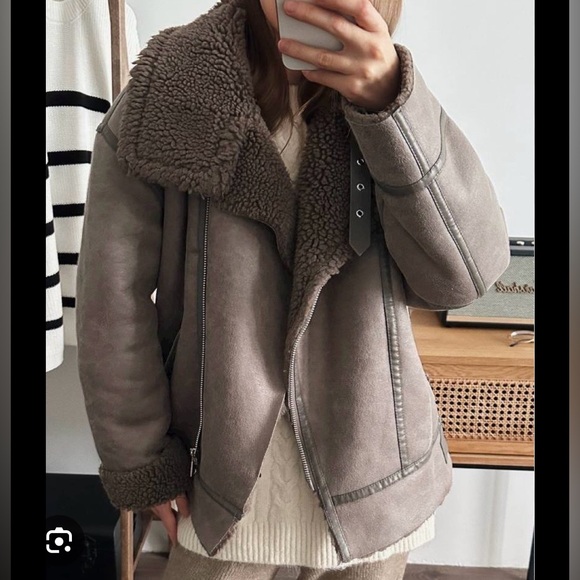 ZARA GREY FAUX LEATHER SHEARLING AVIATOR - Picture 2 of 6